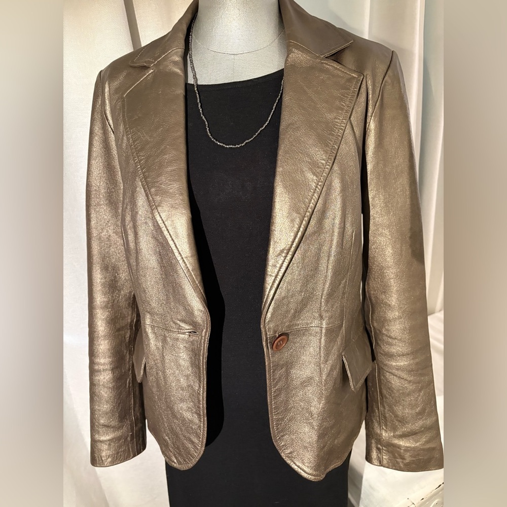 Worthington Metallic Lambskin Genuine Leather Blazer Y2K Glam Statement Jacket - Picture 3 of 12
